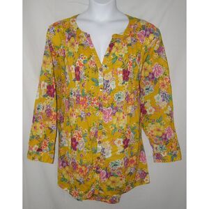 Golden Yellow Floral Plus Sz 28 Cotton Pintucked Button Up Tunic Shirt ROAMAN'S